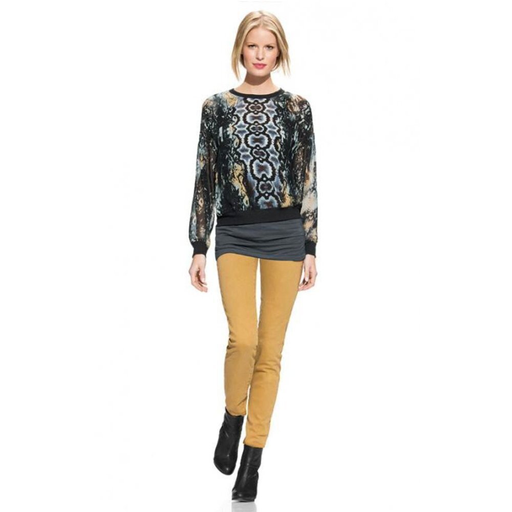 CAbi Dressed Up Sweatshirt Python Sheer Blouse
